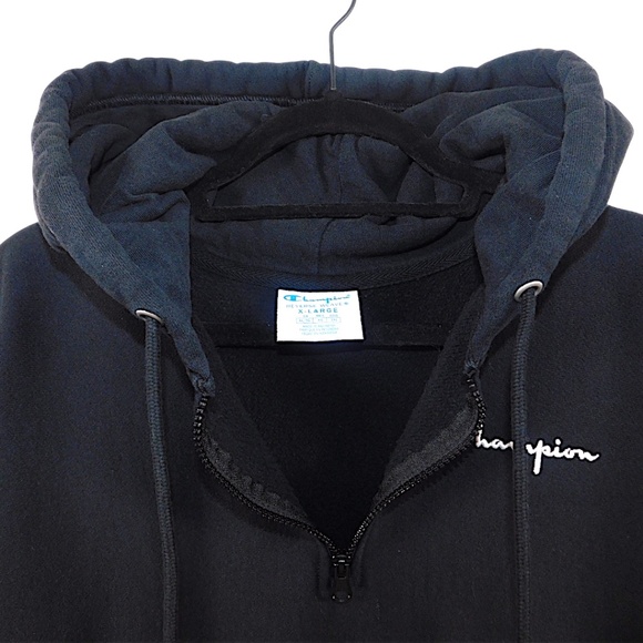 Champion Reverse Weave Half Zip Hoodie Sweatshirt XL Black Embroidered Logo - Picture 6 of 12